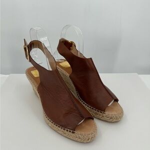 Kanna Peep Toe Slingback Brown Leather Espadrille Wedge Sandals Size 9.5
